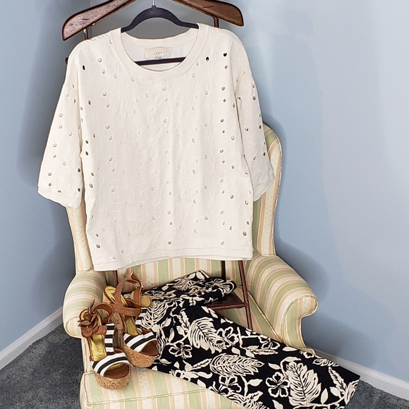 Loft Floral Eyelet  Pullover Sweatshirt Style Casual Beachy CoastalTop Sz L ♡ - Picture 10 of 12